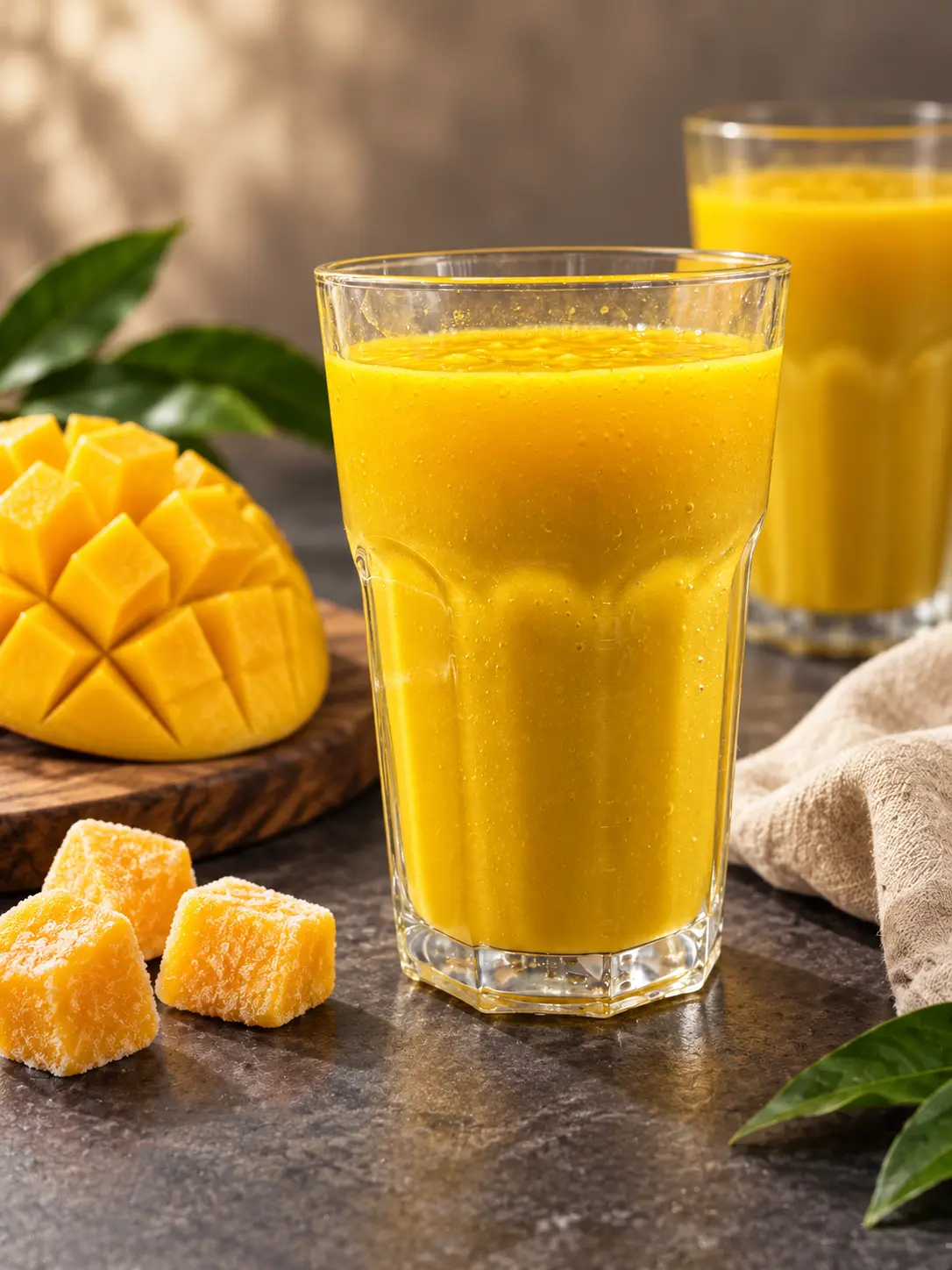 Two glasses of thick golden mango juice
