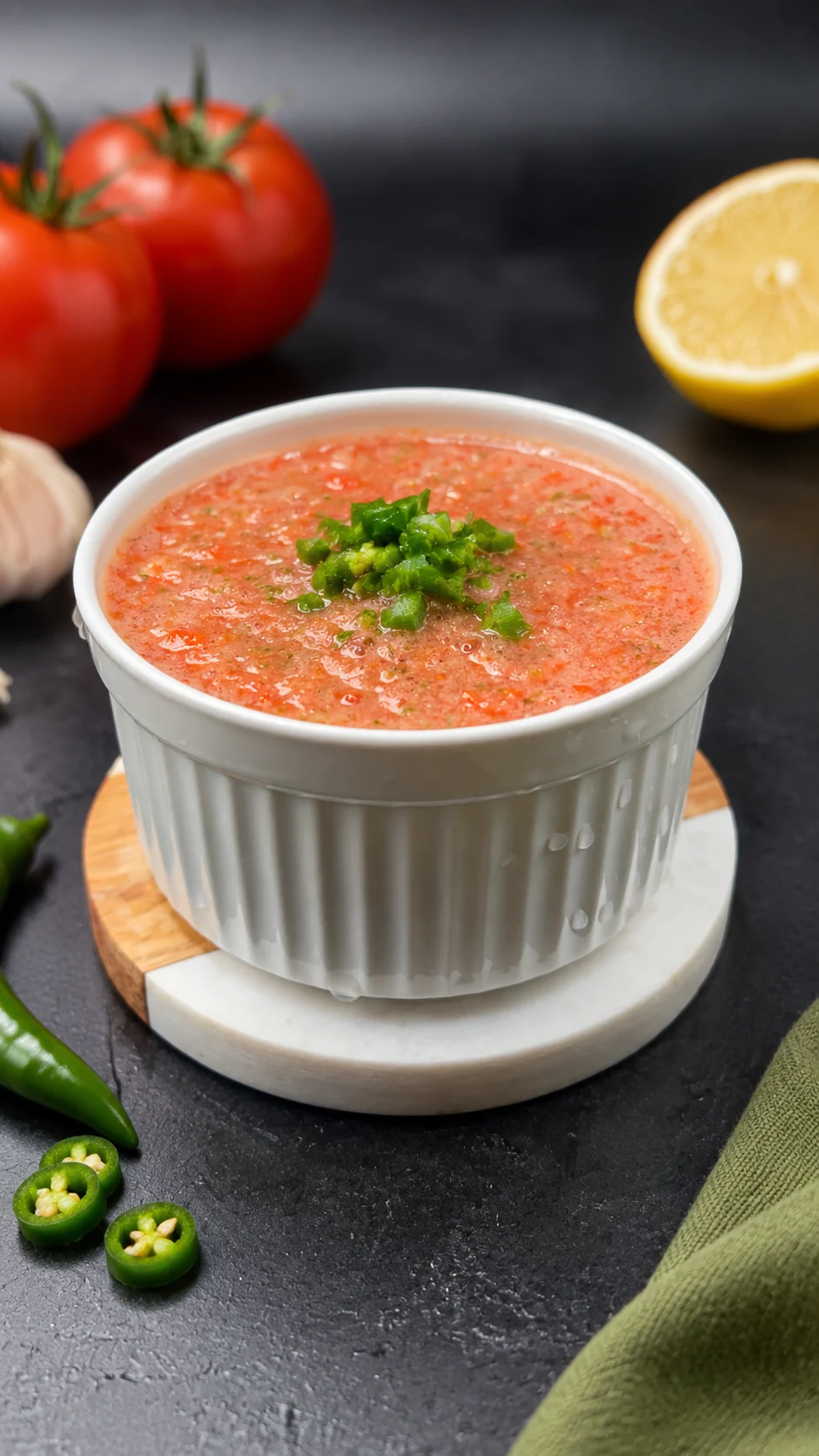 Arabic-style tomato chutney in a white ramekin with tomatoes, green chili, garlic and lemon