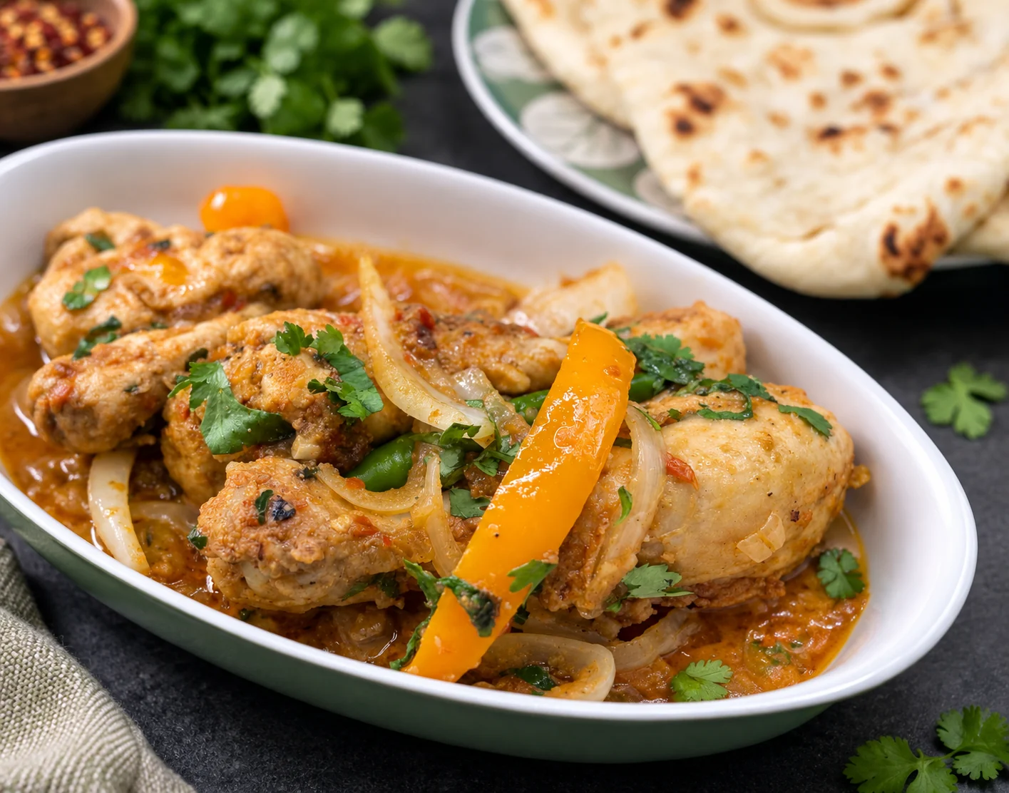 BBQ chicken masala with onions, green chilies, bell pepper and cilantro served with naan