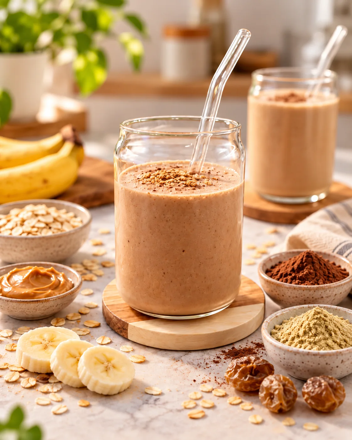 Creamy chocolate banana peanut butter smoothie with oats and amla powder in a glass, with banana, oats, peanut butter, cocoa and amla powder styled in a bright kitchen