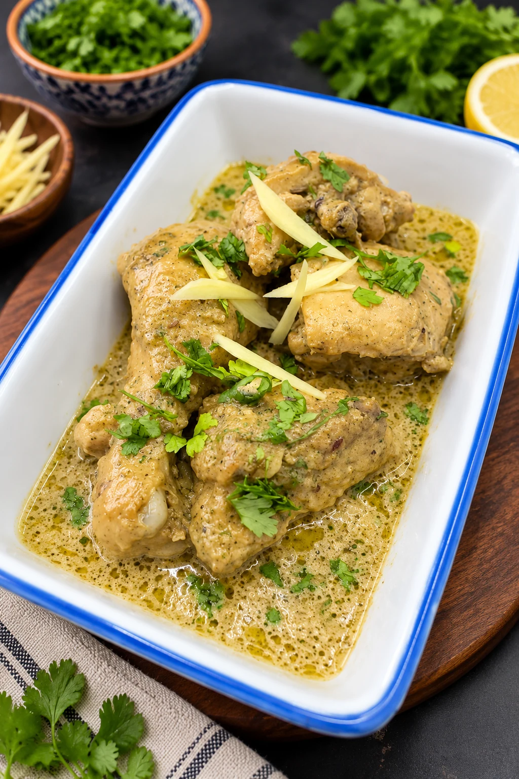 Coconut cream green chicken garnished with fresh cilantro and ginger in a white serving dish