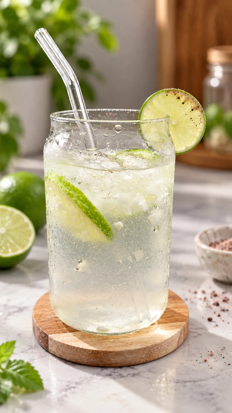 Refreshing coconut lime 7-Up drink with ice, fresh lime and bubbles