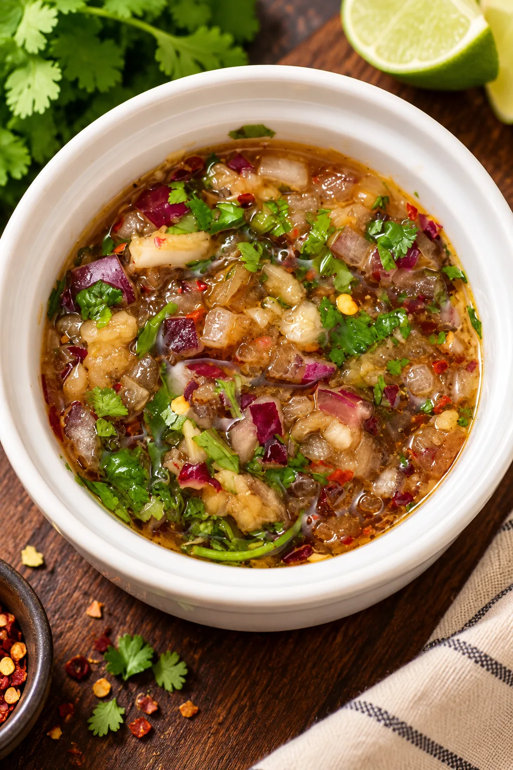 Chunky crack steak sauce with red onion, cilantro, garlic and chilies served in a white bowl