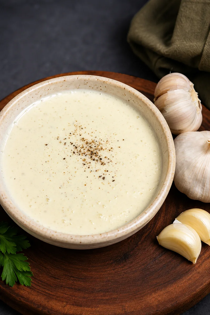 Creamy homemade garlic sauce in a bowl with fresh garlic, black pepper and parsley