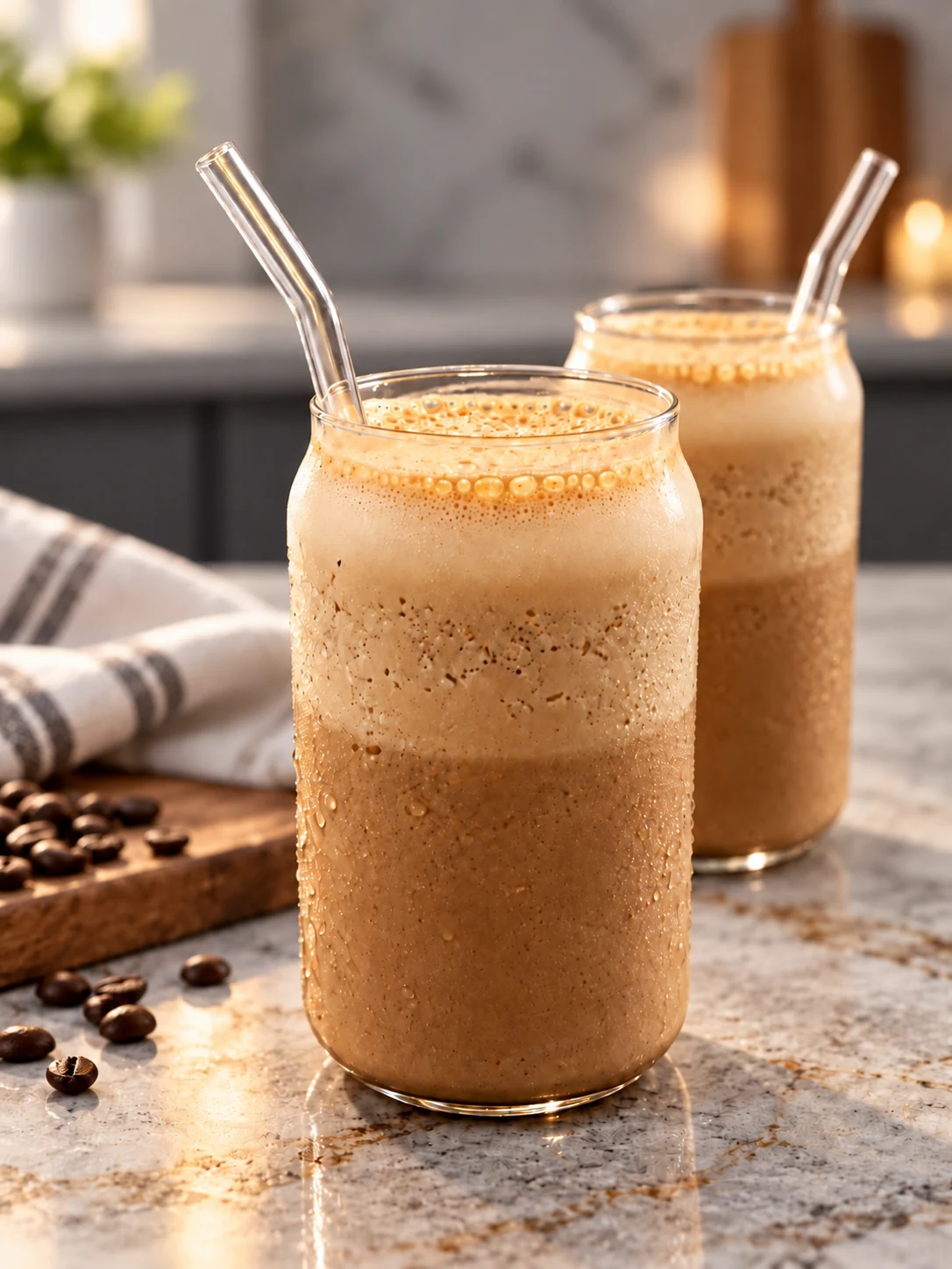 Two glasses of creamy mocha slush with glass straws