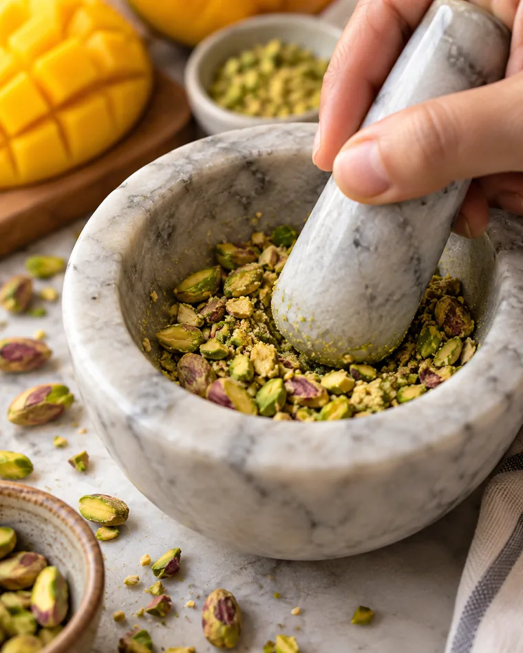Pistachios being coarsely crushed by hand with a marble mortar and pestle