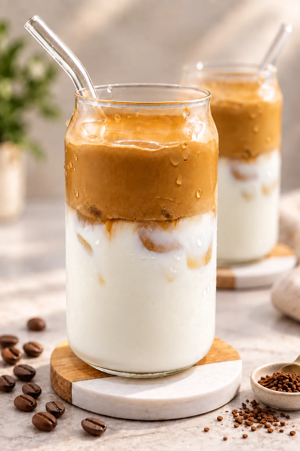 Two glasses of iced Dalgona coffee with creamy whipped coffee over cold milk, coffee beans and instant coffee granules