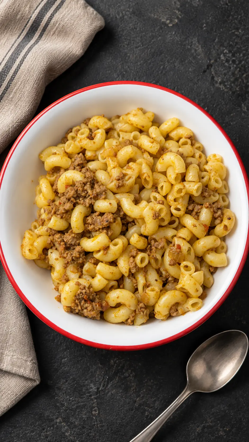 Pakistani-style keema macaroni made with elbow pasta and seasoned minced meat in a white bowl