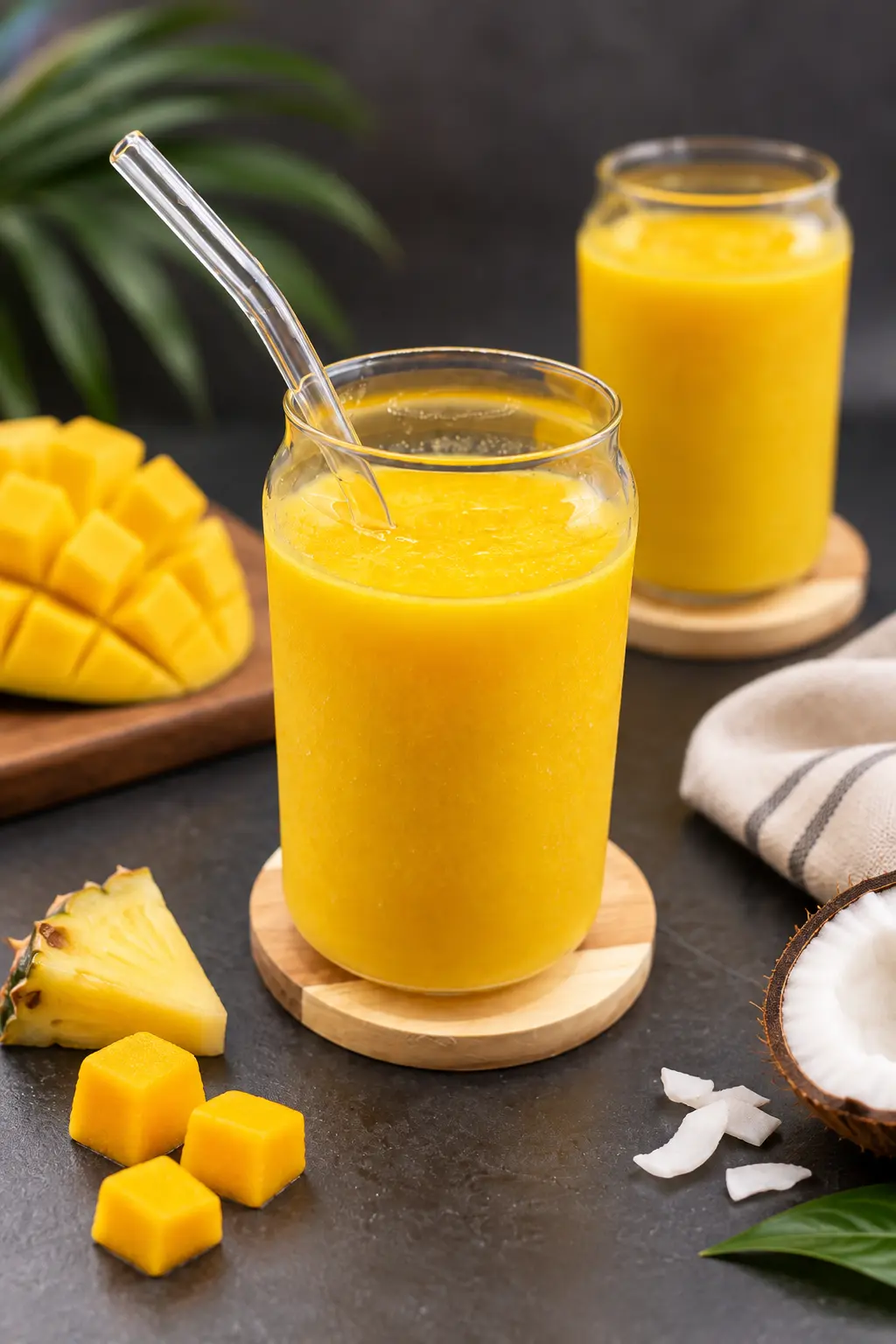 Easy non-alcoholic mango piña colada with pineapple and coconut