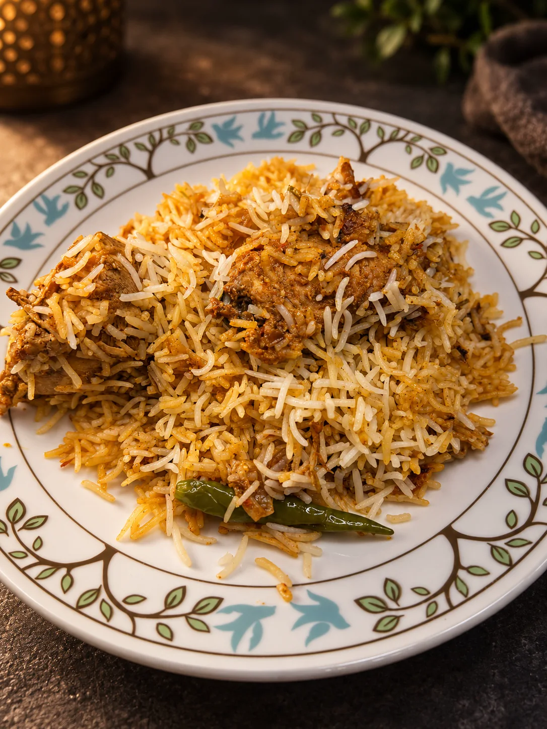 Easy Sindhi chicken biryani with basmati rice, tender chicken, potatoes and green chilies