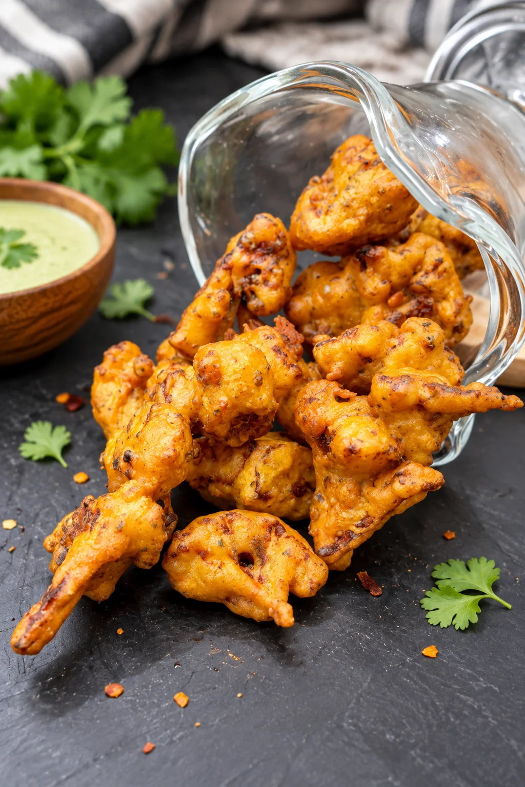 Crispy golden gobi pakora cauliflower fritters served with green chutney