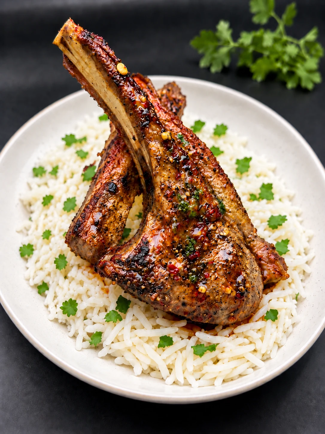 Juicy grilled lamb chops over basmati rice with glossy Maple Saffron Butter Sauce