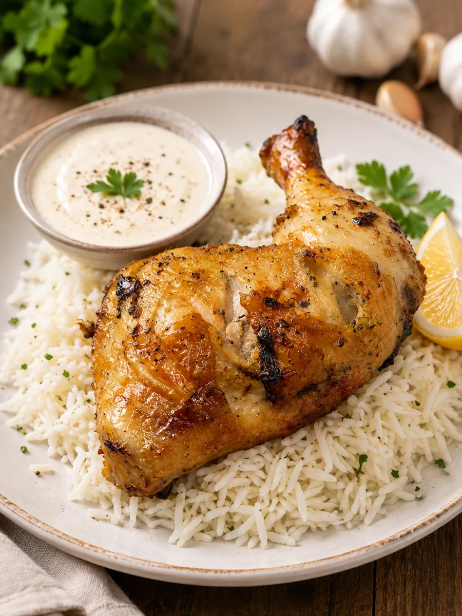 Lemon garlic grilled chicken served over rice with creamy garlic sauce, lemon and fresh herbs