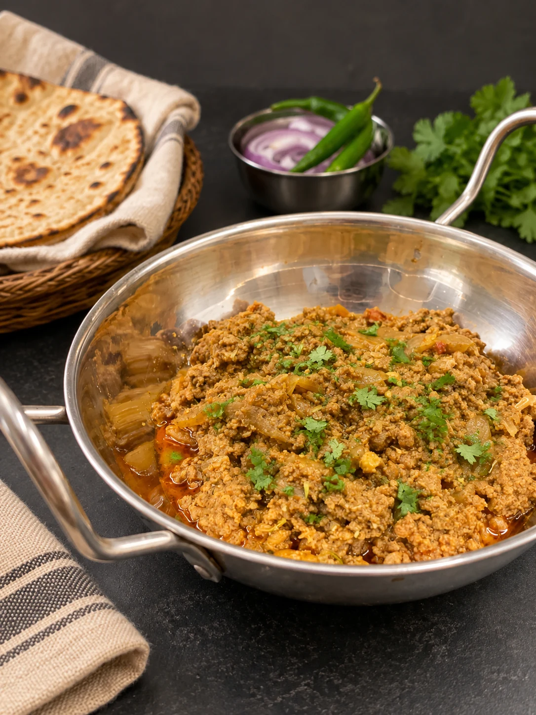 Lucknowi-style beef qeema garnished with fresh cilantro in a steel karahi with roti, sliced onion and green chilies