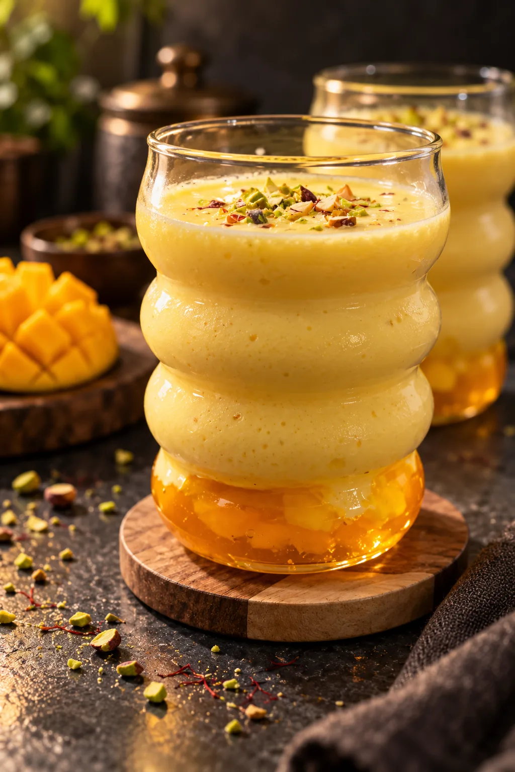 Creamy mango lassi with mango jelly layered at the bottom and crushed pistachios on top in a dark kitchen setting