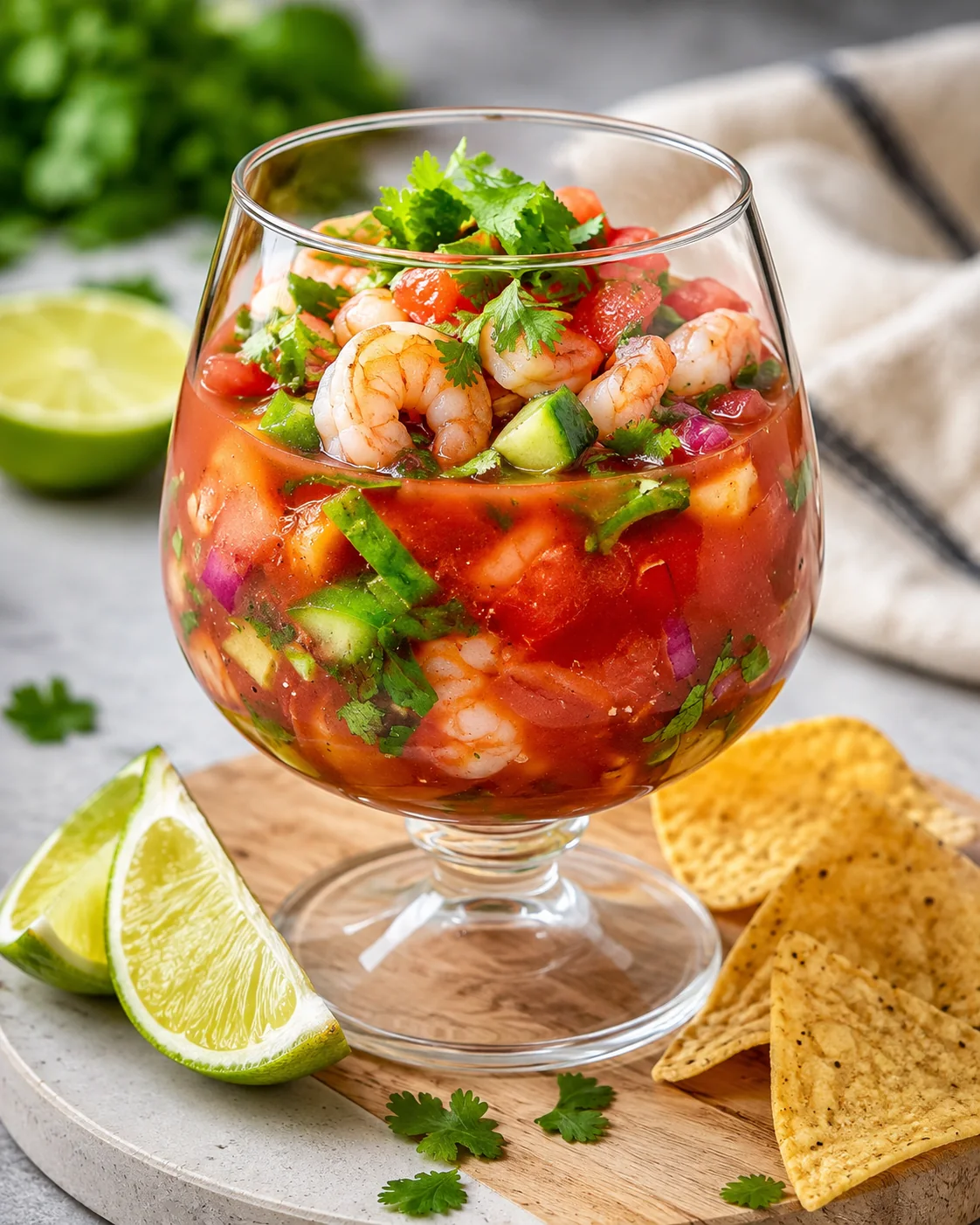 Chilled Mexican shrimp cocktail with cucumber, tomato, onion, cilantro and lime