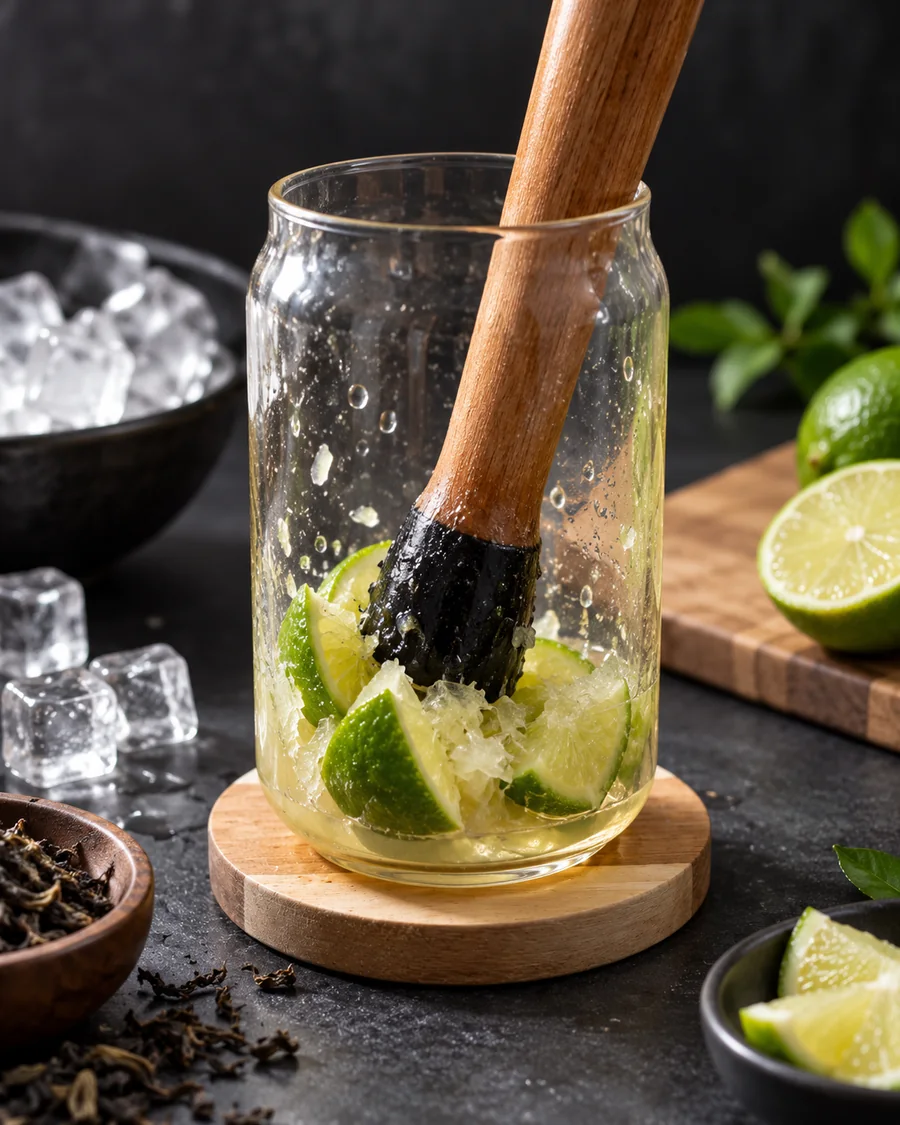 Fresh lime wedges being gently muddled in a clear glass with a wooden muddler