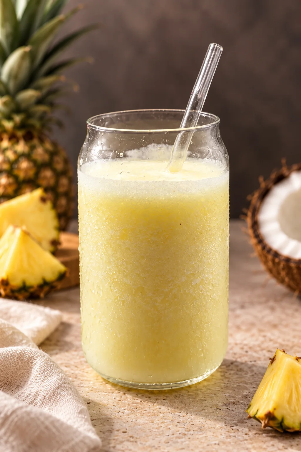 Pale yellow pineapple coconut piña colada in a clear glass with a glass straw, surrounded by pineapple and coconut
