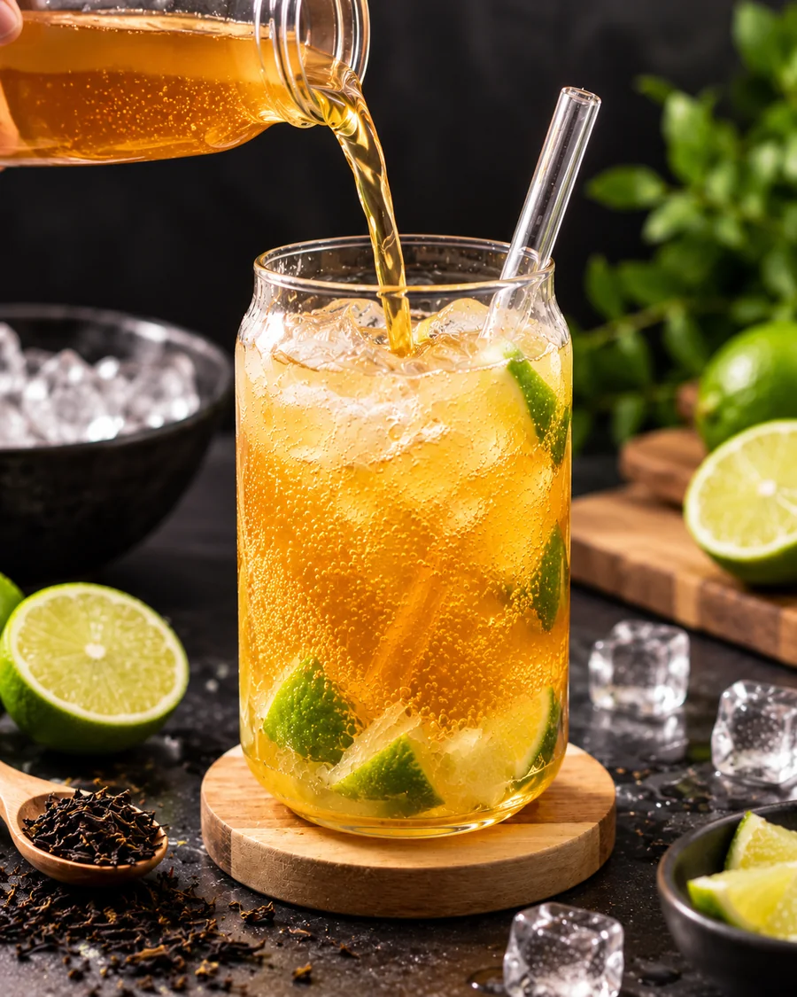 Golden sparkling black tea infused 7-Up being poured over ice and lime in a tall glass