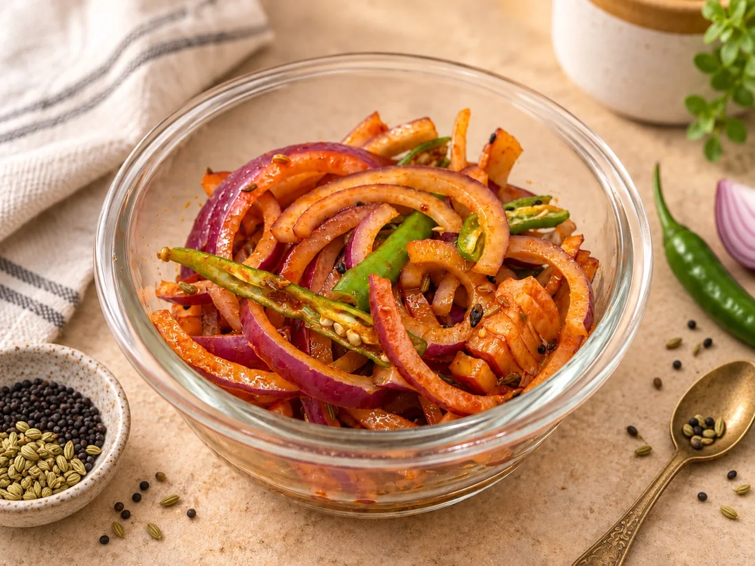 Quick onion and green chili achar in a glass bowl