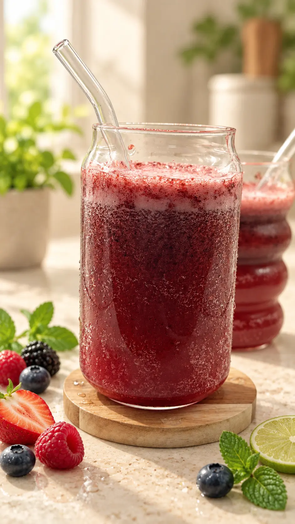 Sparkling honey berry cooler with fresh mixed berries