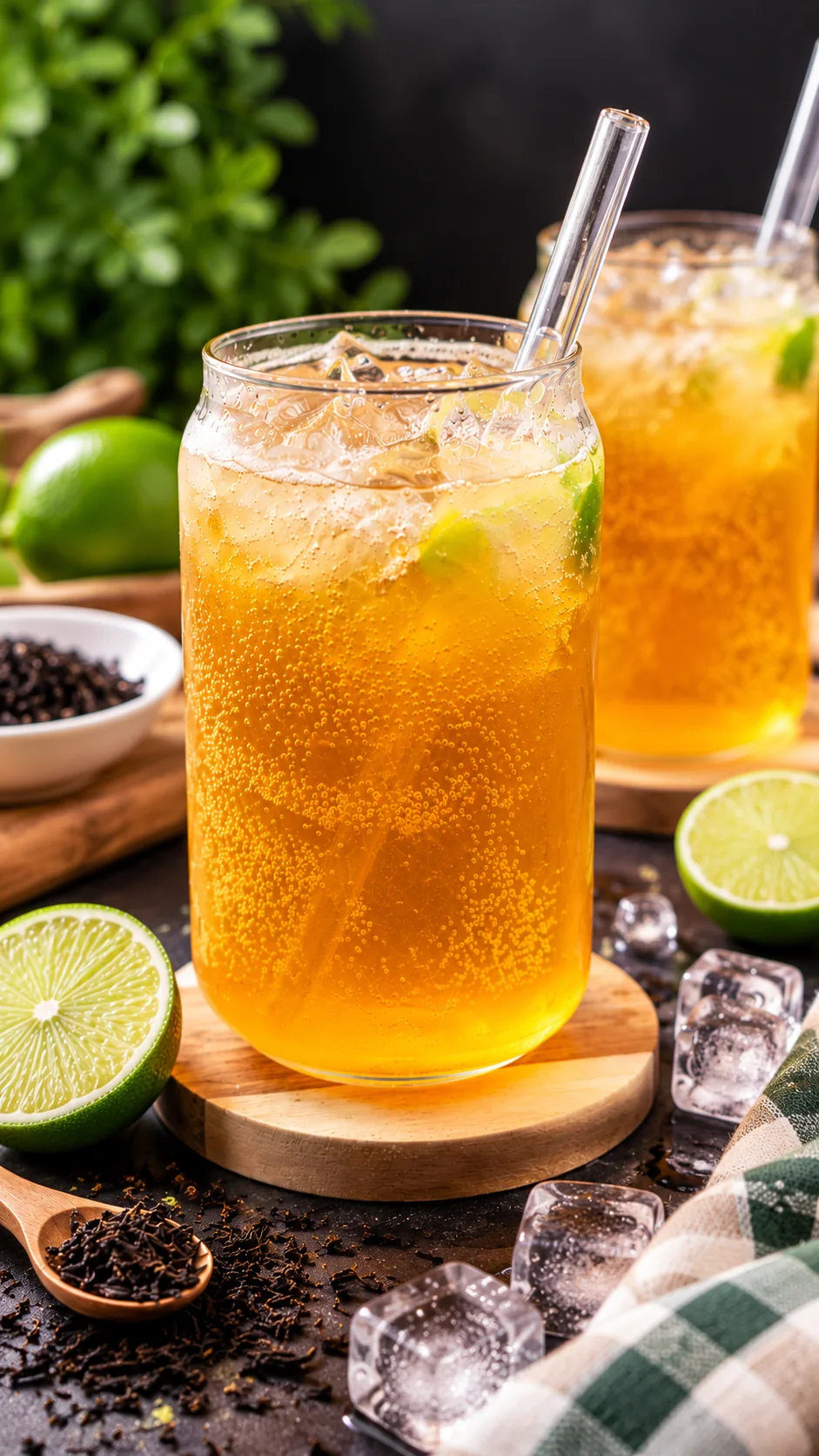 Sparkling amber lime tea cooler with ice, bubbles and fresh lime