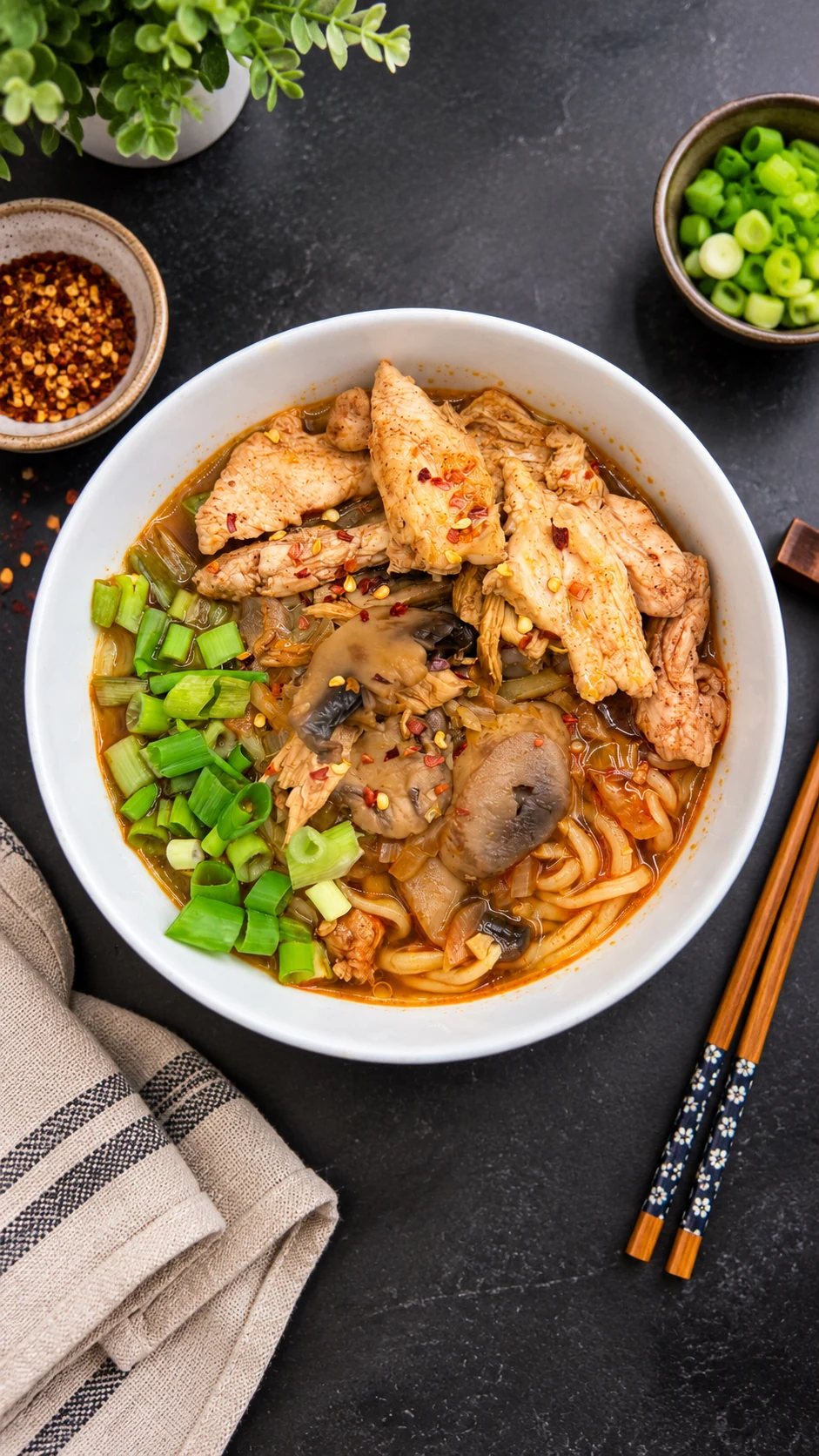 Spicy chicken ramen noodles with mushrooms, green onions and a flavorful gochujang broth in a white bowl