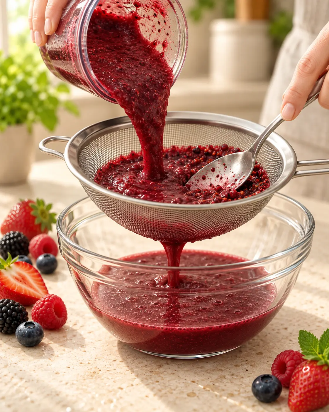 Blended mixed berry purée being pressed through a fine-mesh strainer into a clear bowl