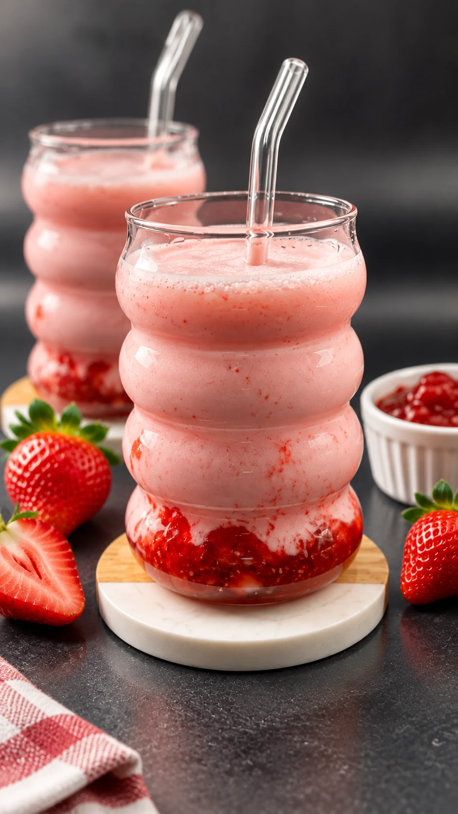 Two strawberry jam and jelly milkshakes in wavy glasses with strawberries and jelly chunks