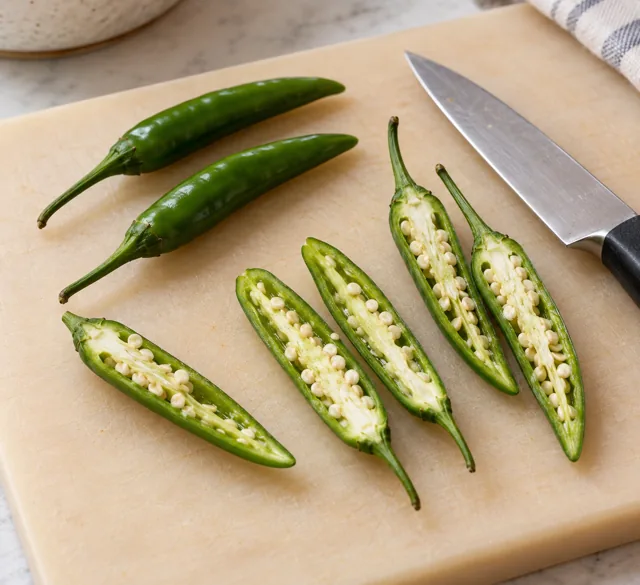Thai green chilies cut lengthwise with seeds visible on a cutting board