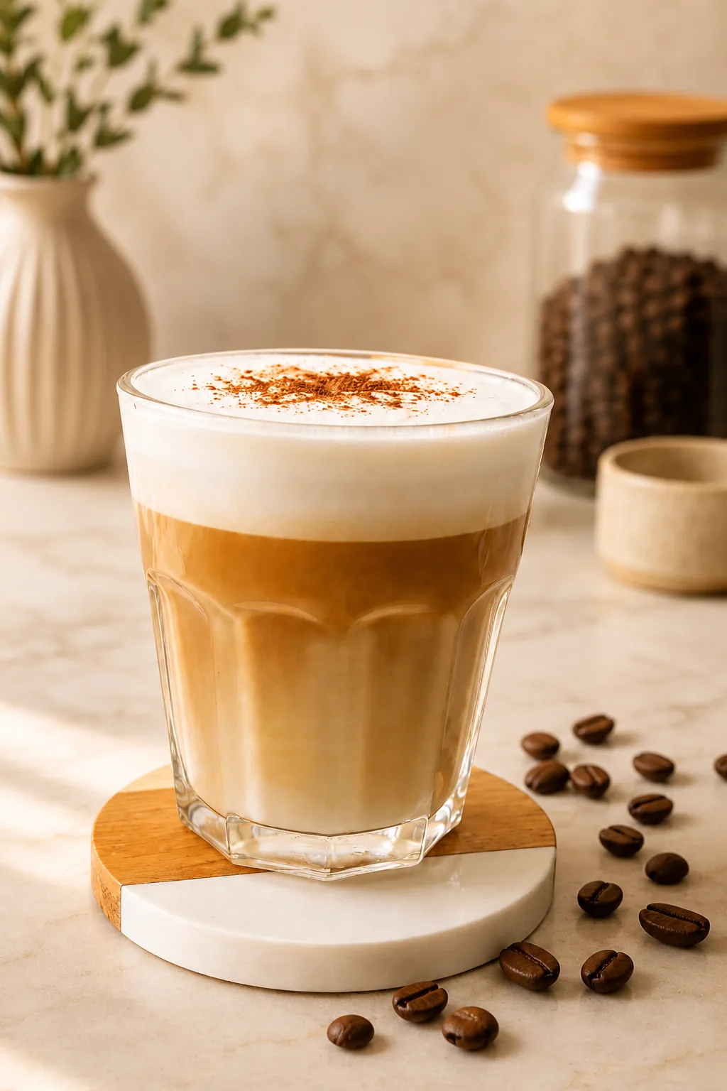 Vanilla Affogato Latte in a glass with creamy coffee layers, foam and coffee beans