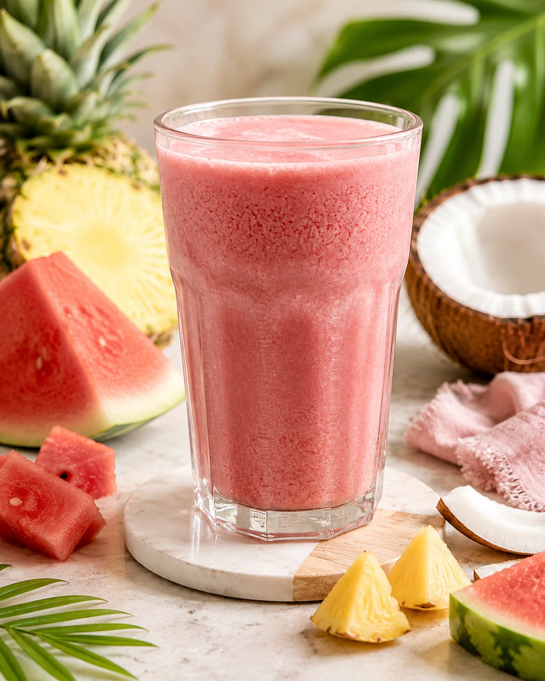Creamy pink watermelon piña colada with watermelon, pineapple and coconut