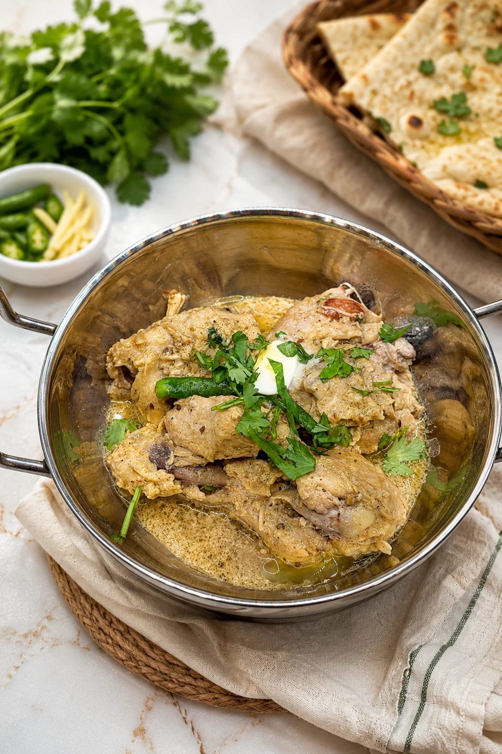 Creamy white chicken karahi without heavy cream, garnished with cilantro, ginger and green chili