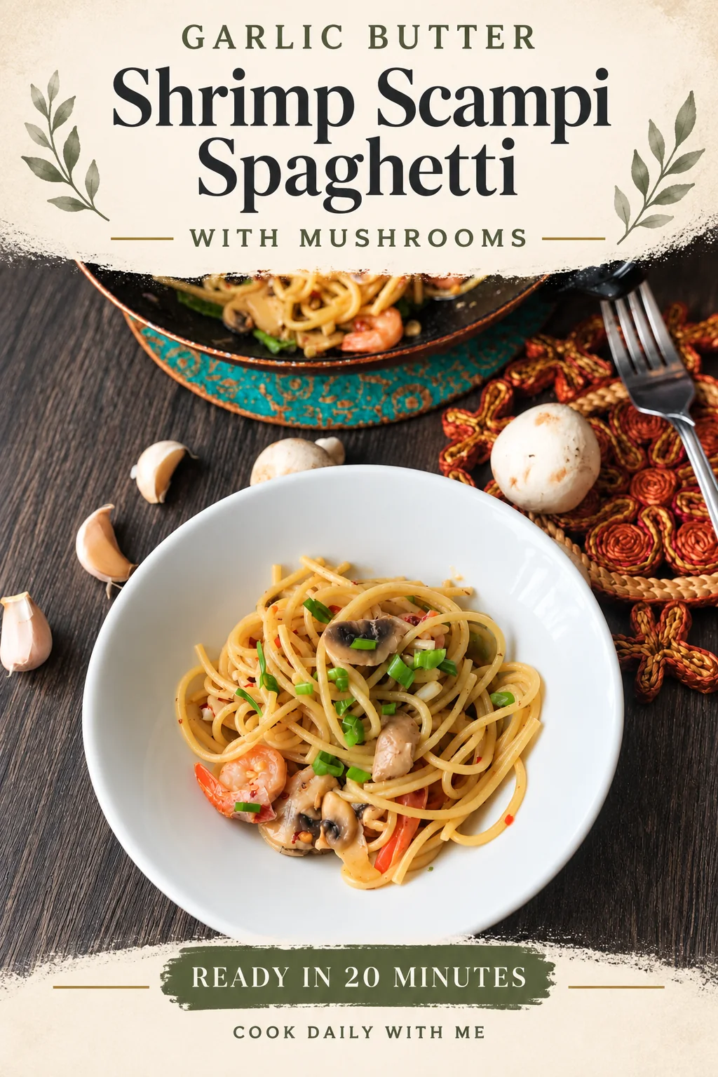 Garlic butter shrimp scampi spaghetti with mushrooms Pinterest recipe pin