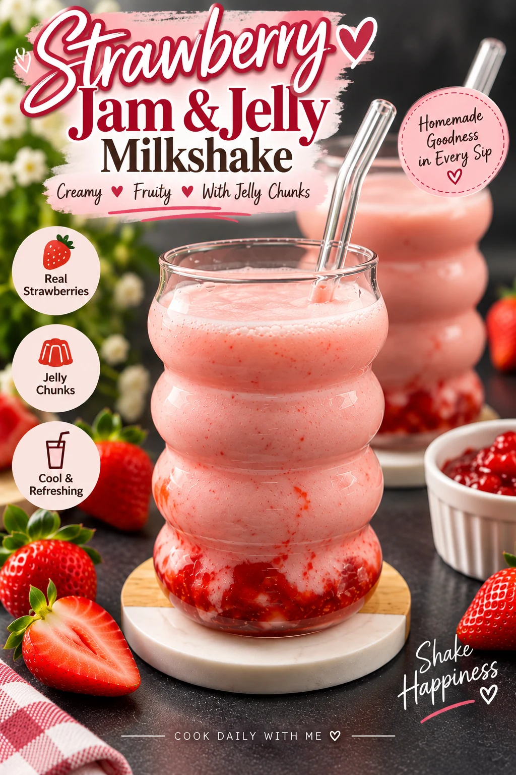 Pinterest pin for Strawberry Jam and Jelly Milkshake